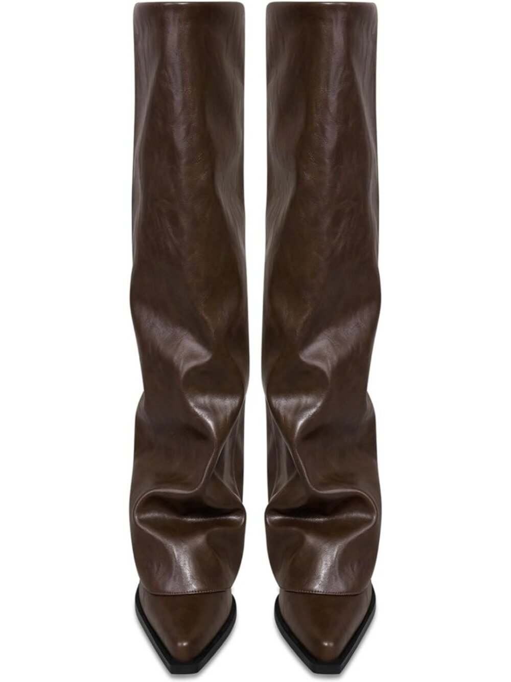 Women's Brown Faux Leather Fold Over Knee High Wide Calf Chunky Heel Long Boots - Picture 3 of 6